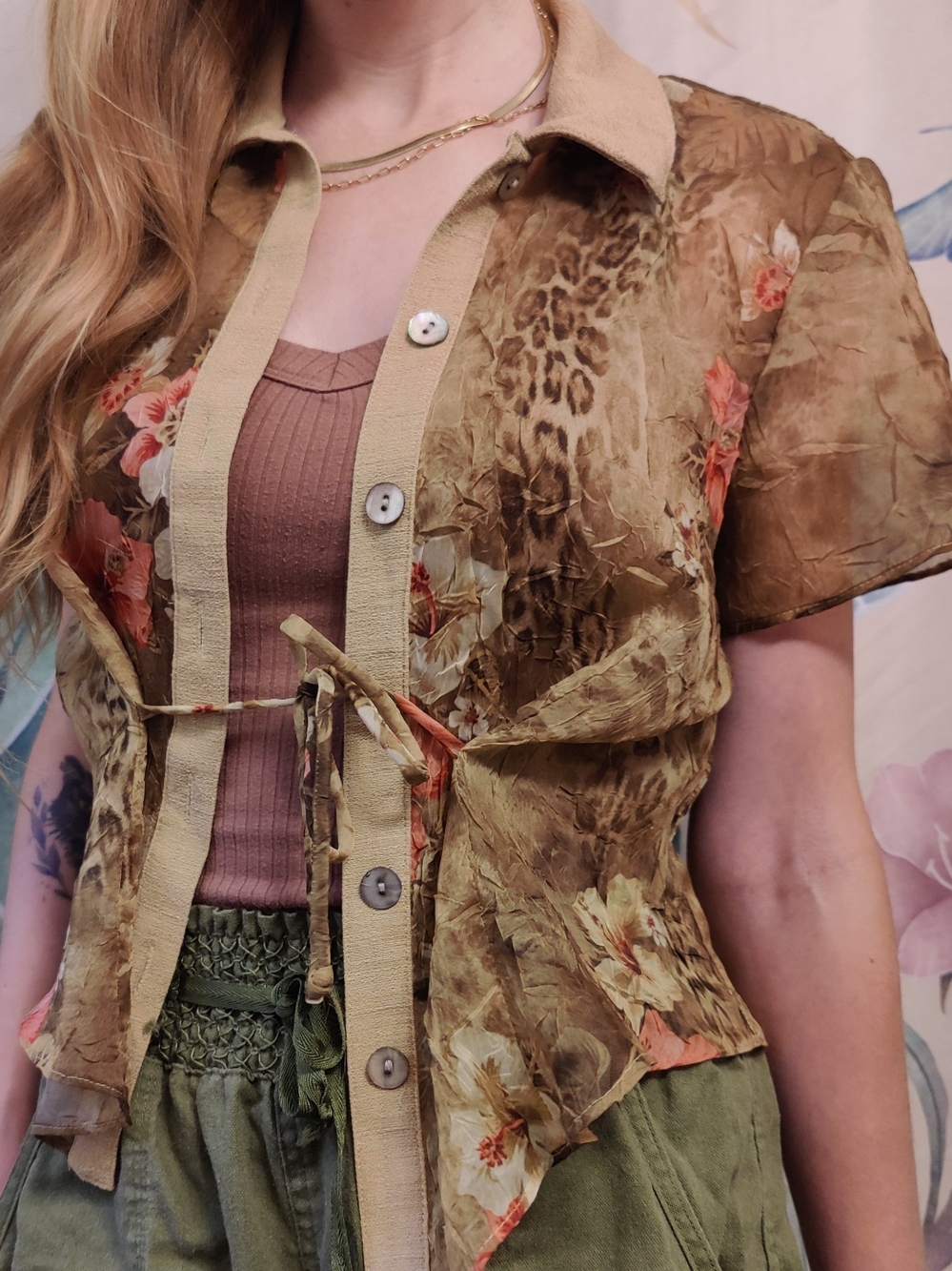 Vintage Light Brown Floral Tie-Front Short Sleeve Sheer Top Miss Dorby